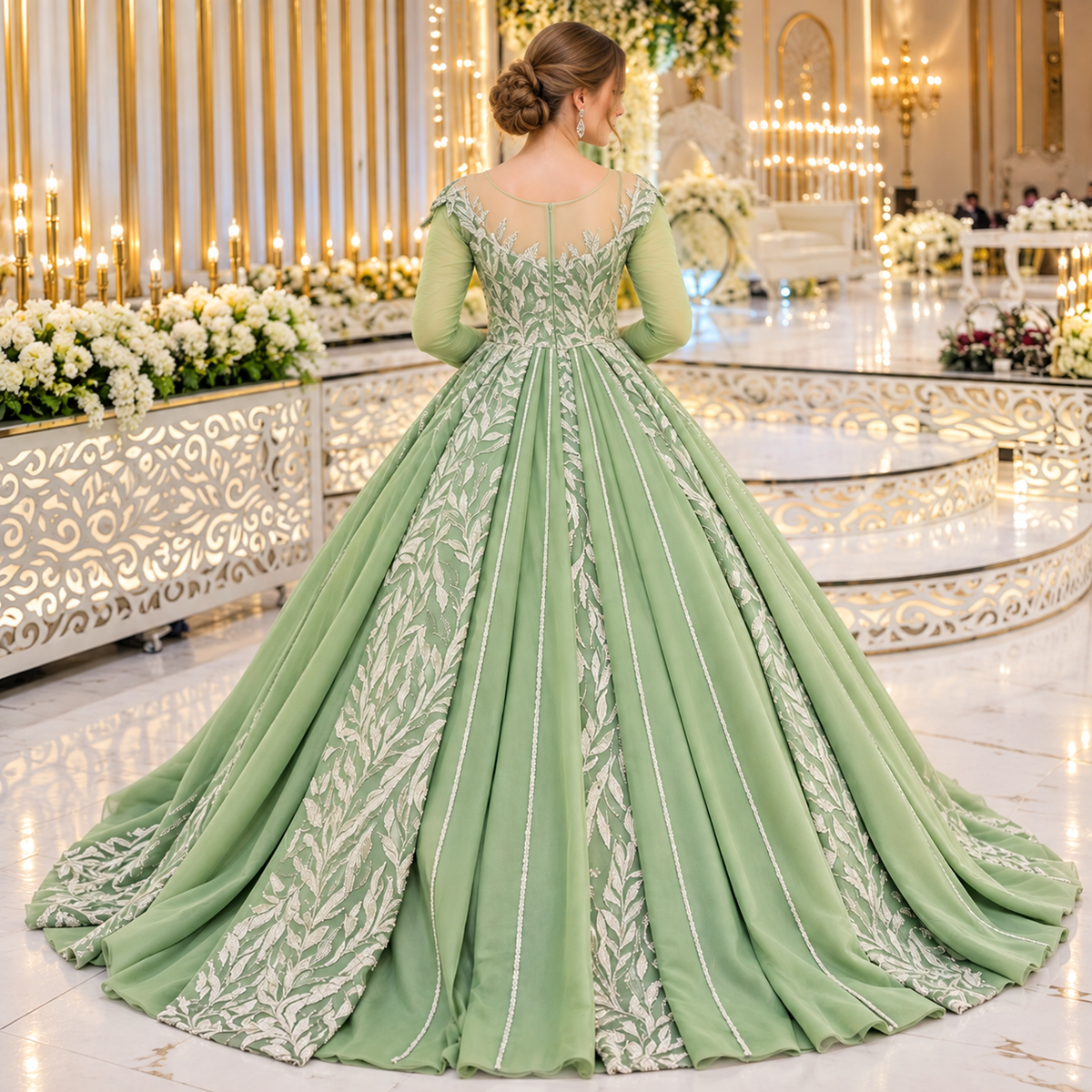 Royal Sage Green Luxury Floral Embroidered Bridal Gown