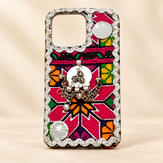 Traditional Pink Handmade Embroidered Mobile Cover with Silver Bell Charms & Mirror Work