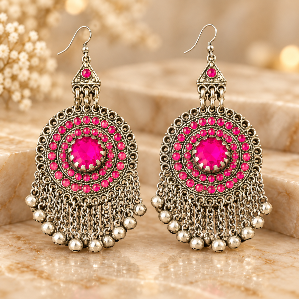 Antique Silver Hot Pink Stone Round Chandelier Earrings with Bell Danglers