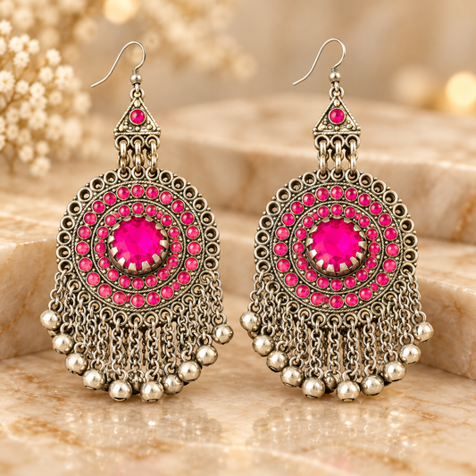 Antique Silver Hot Pink Stone Round Chandelier Earrings with Bell Danglers