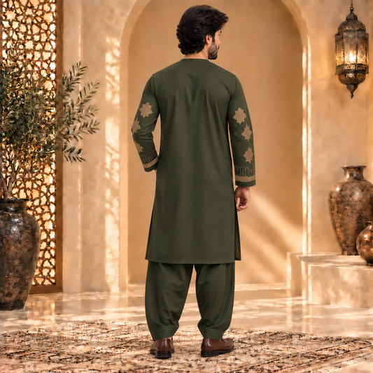 Afghan Traditional Olive Green Embroidered Kurta Shalwar – Royal Gold Heritage Wear