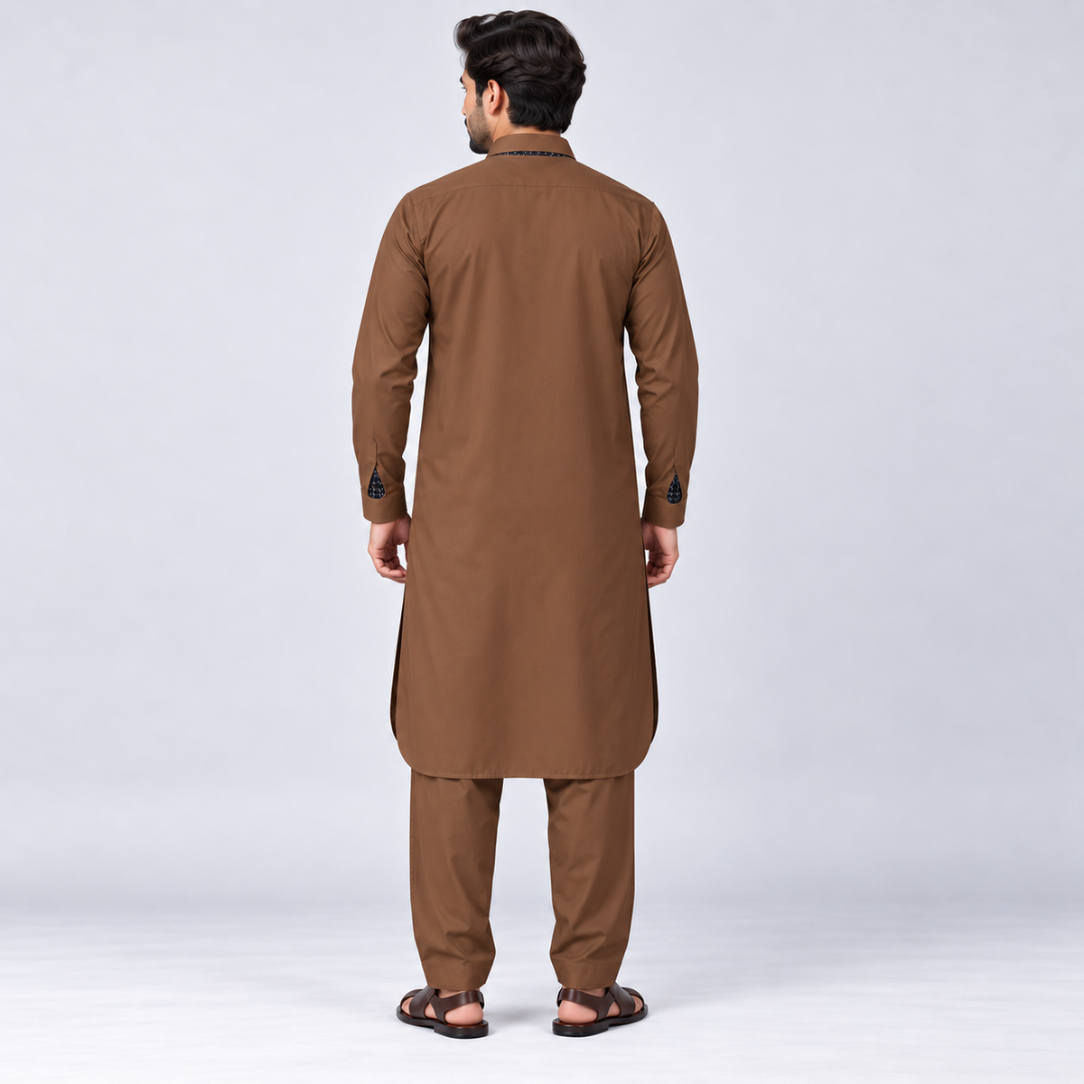 Coffee Brown Men’s Shalwar Kameez with Contrast Accents