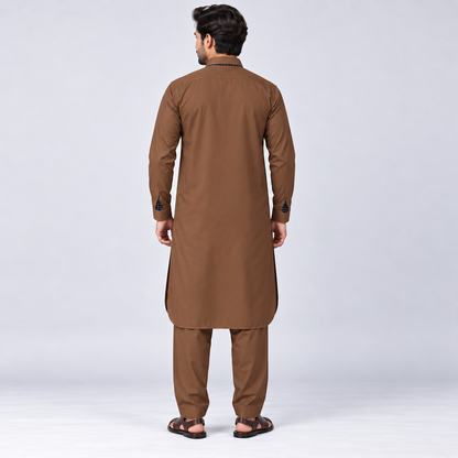 Coffee Brown Men’s Shalwar Kameez with Contrast Accents