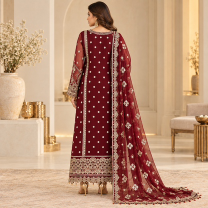 Mahrosh Maroon Embroidered Formal Suit