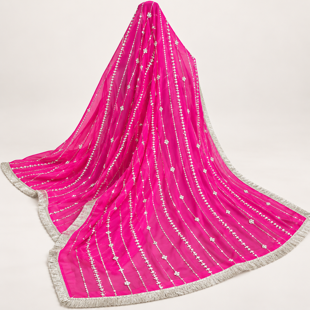 Fuchsia Pink Sequin Stripe Bridal Dupatta