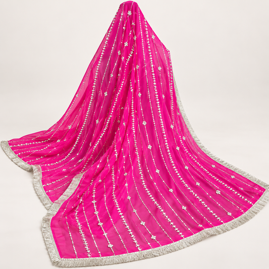 Fuchsia Pink Sequin Stripe Bridal Dupatta