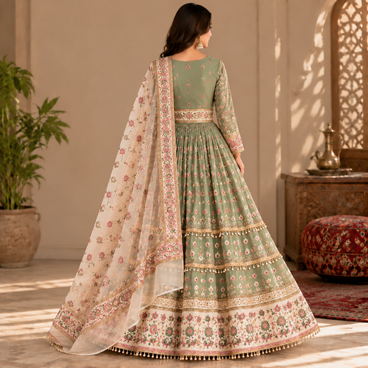 Afghan Traditional Sage Green Embroidered Dress – Elegant Floral Heritage Gown