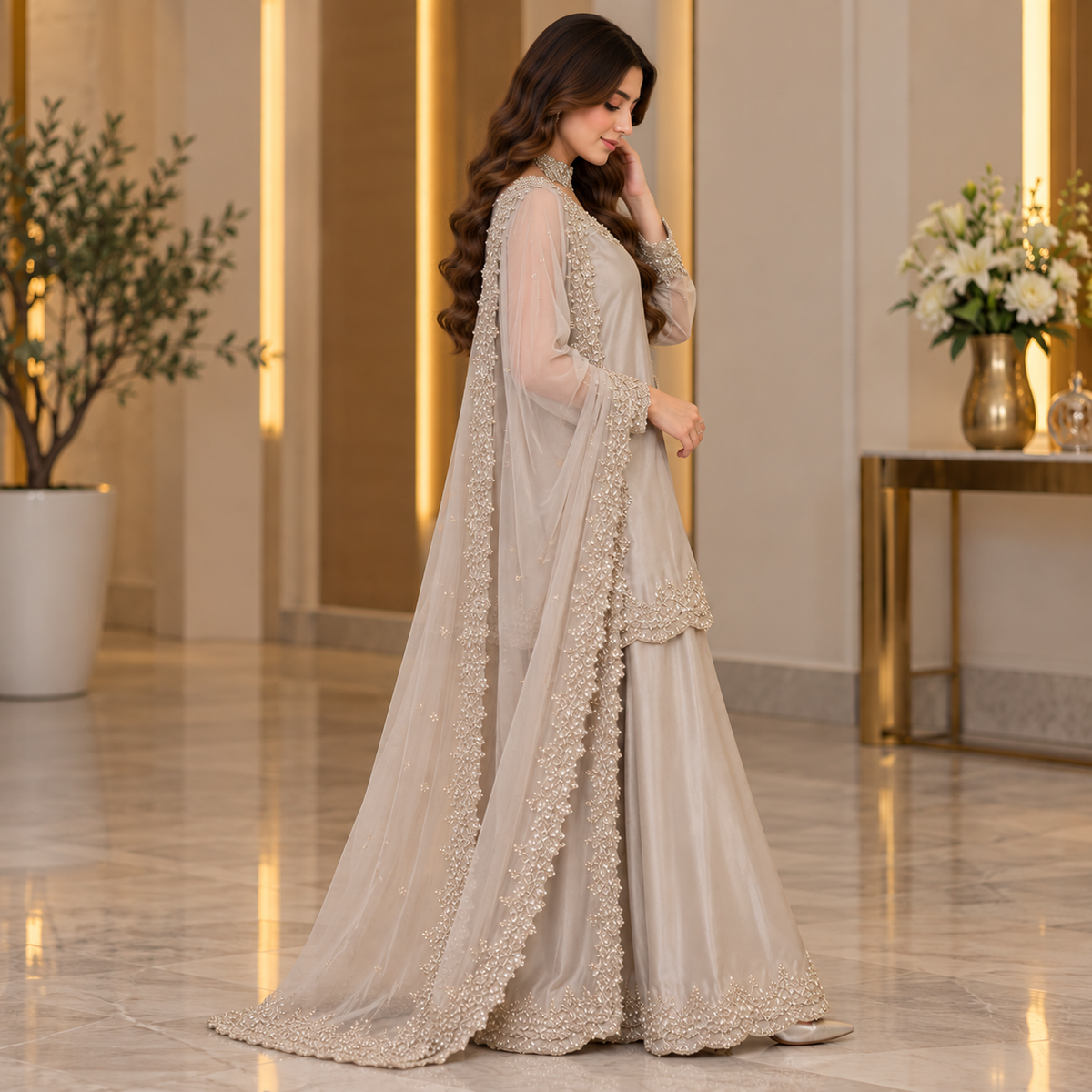 Champagne Grace – Luxury Embroidered Party Wear Ensemble
