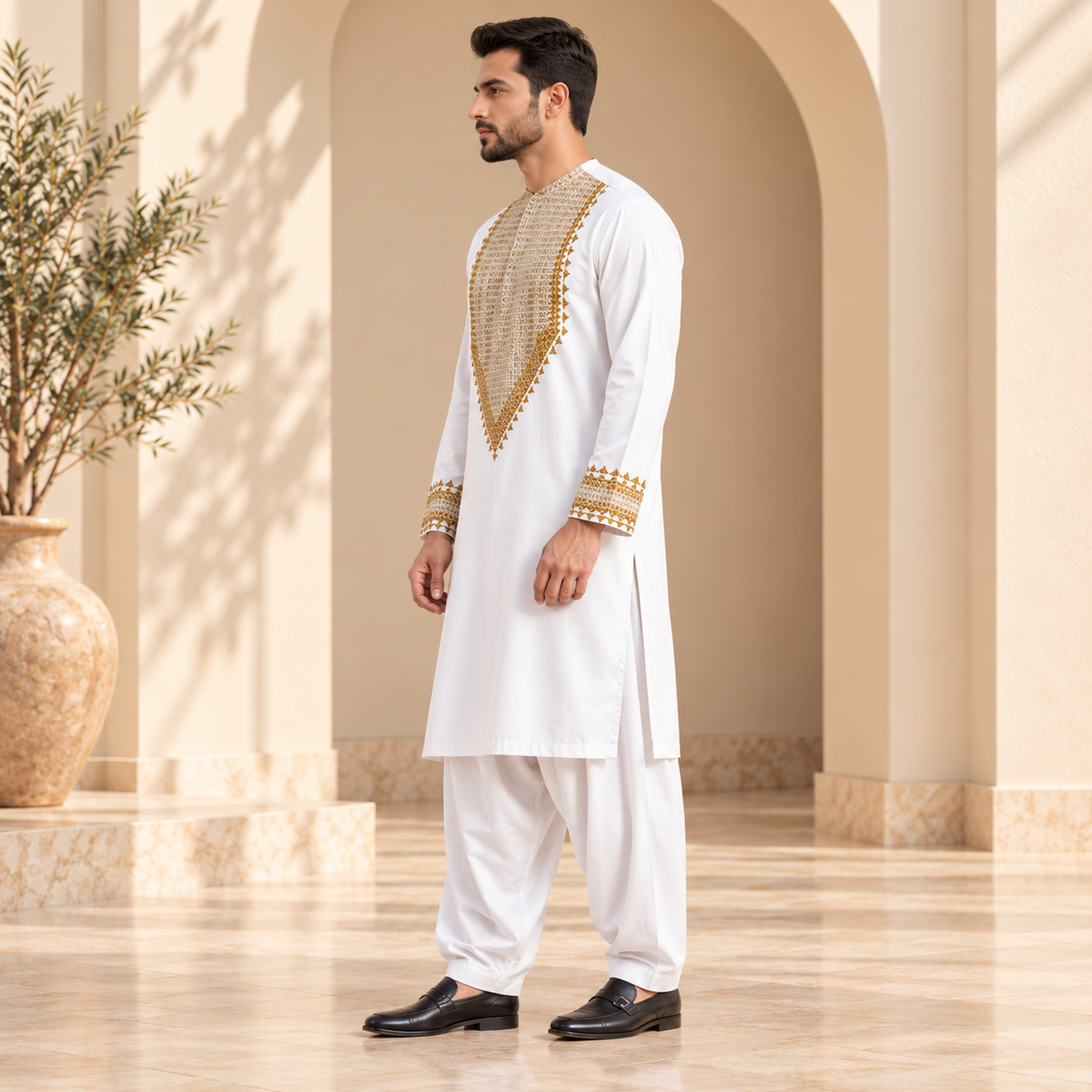 Afghan Royal Heritage Embroidered Shalwar Kameez – Classic White &amp; Gold