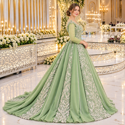 Royal Sage Green Luxury Floral Embroidered Bridal Gown