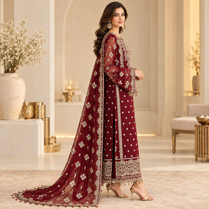 Mahrosh Maroon Embroidered Formal Suit