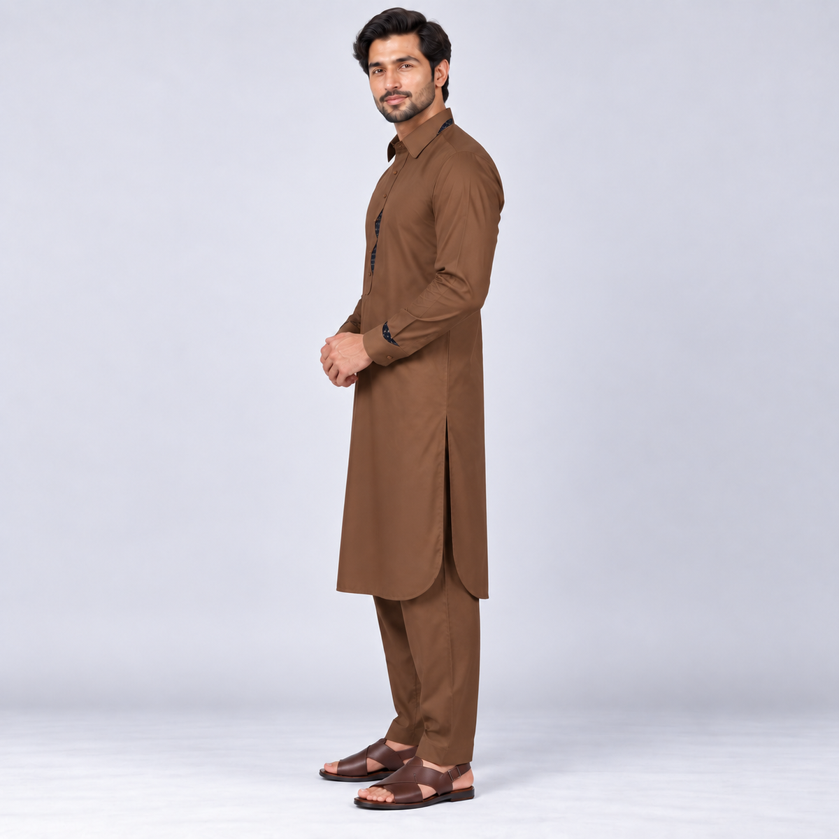 Coffee Brown Men’s Shalwar Kameez with Contrast Accents