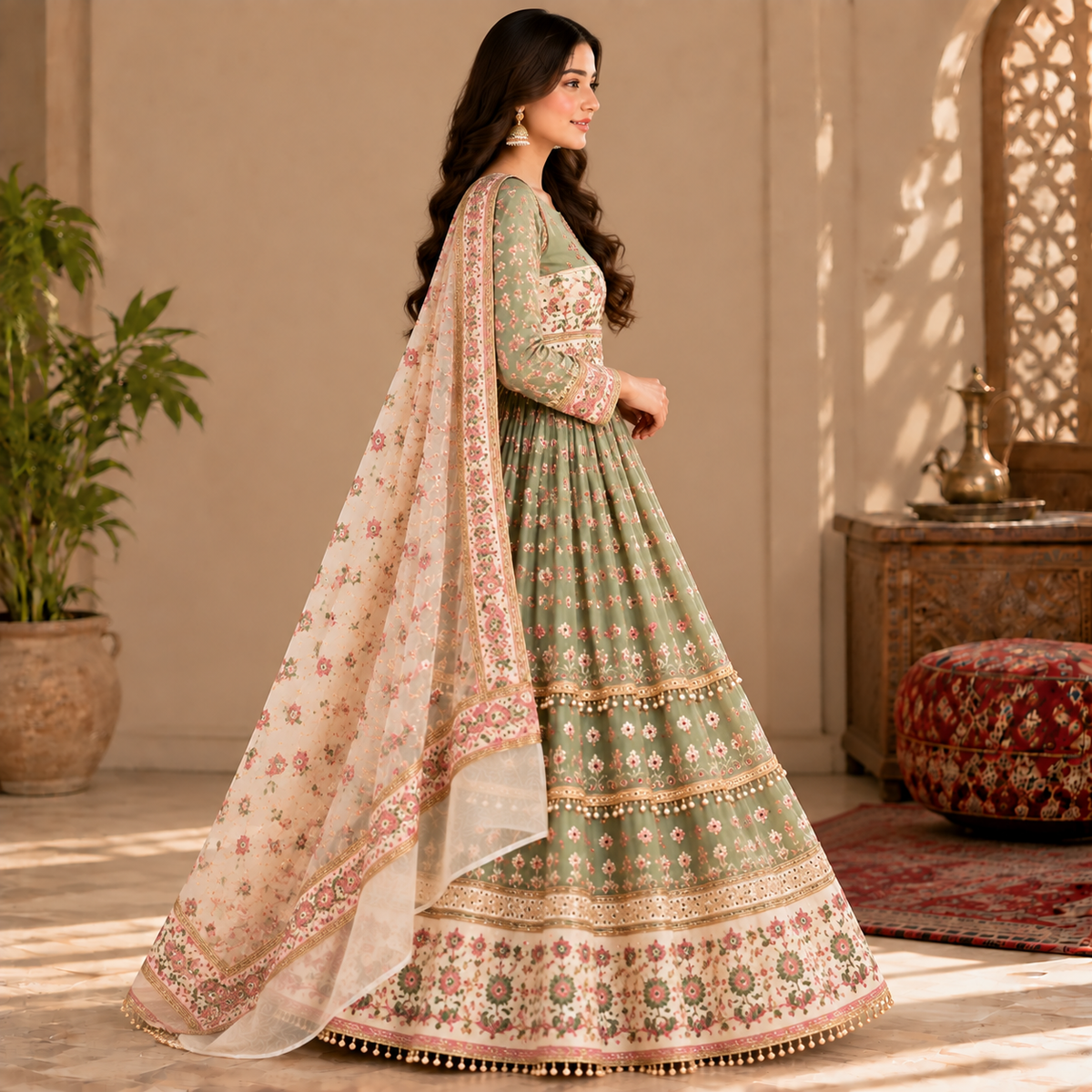 Afghan Traditional Sage Green Embroidered Dress – Elegant Floral Heritage Gown