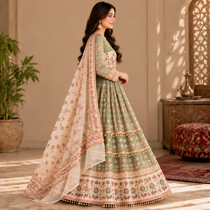 Afghan Traditional Sage Green Embroidered Dress – Elegant Floral Heritage Gown