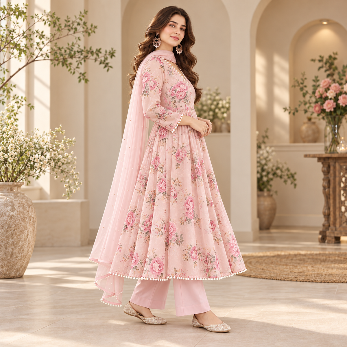 Women's Blush Pink Floral Printed Anarkali 3-Piece Suit
