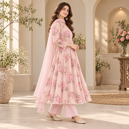 Women's Blush Pink Floral Printed Anarkali 3-Piece Suit