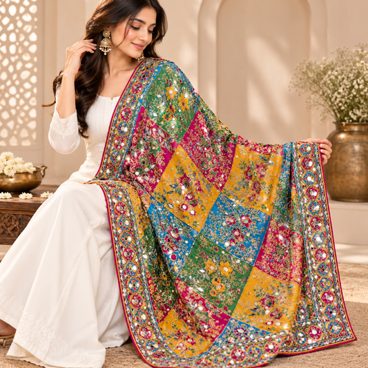 Multicolor Patchwork Mirror Work Bridal Dupatta