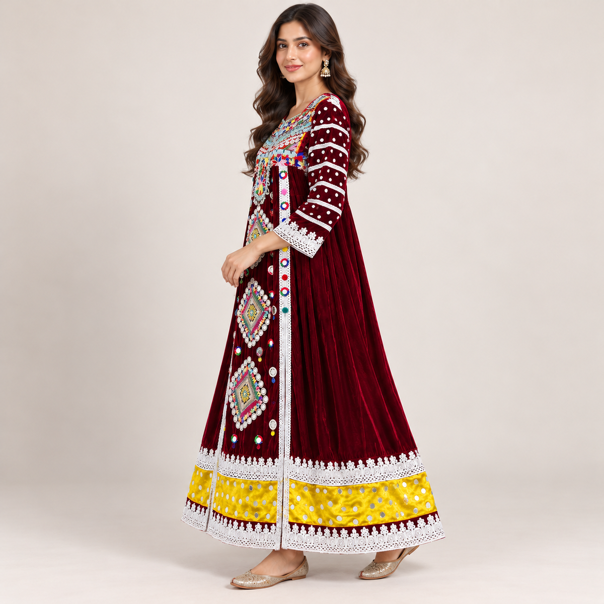Traditional Maroon Embroidered Maxi Dress – Elegant Cultural &amp; Festive Wear