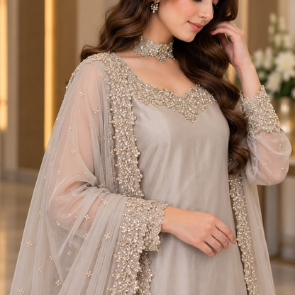 Champagne Grace – Luxury Embroidered Party Wear Ensemble