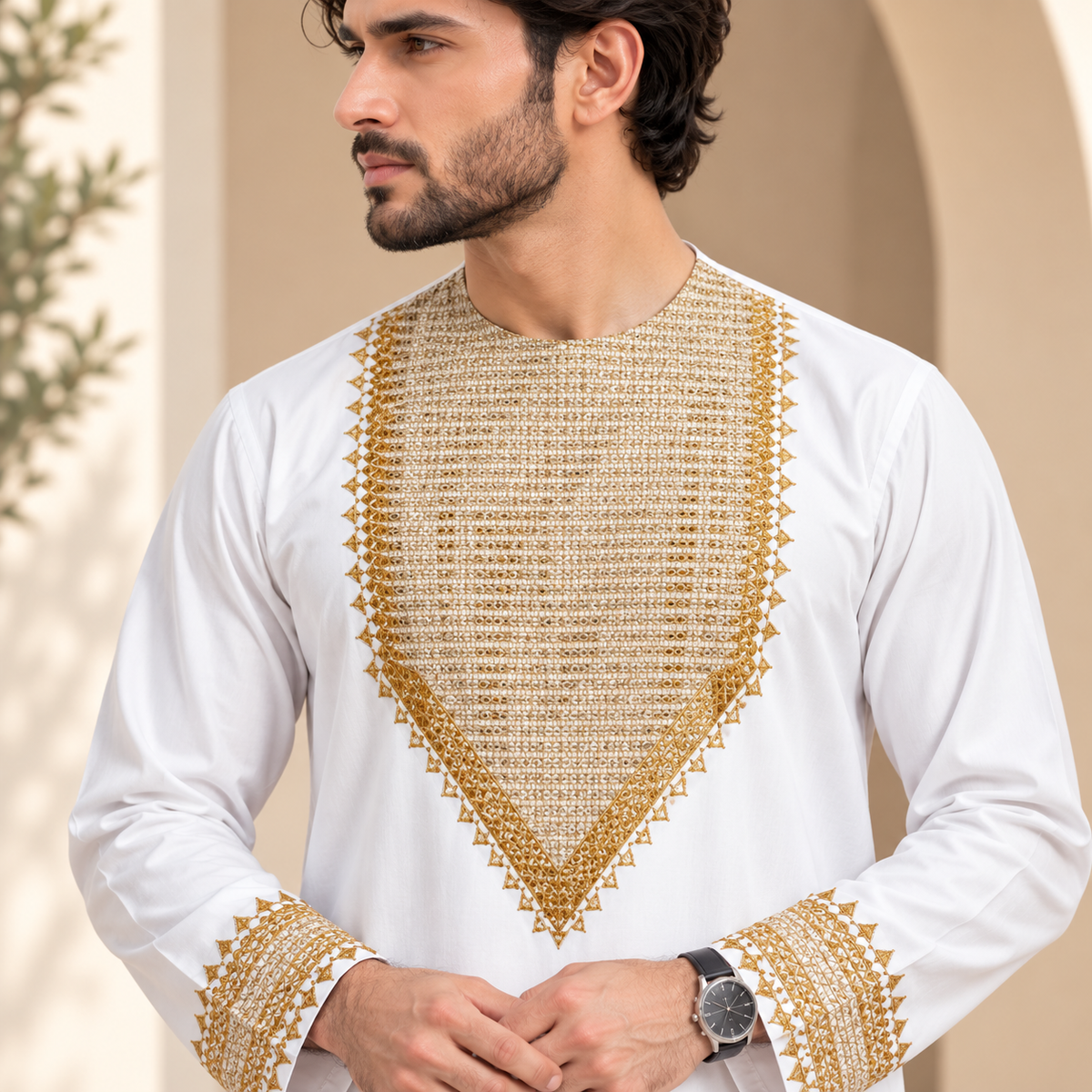 Afghan Royal Heritage Embroidered Shalwar Kameez – Classic White &amp; Gold