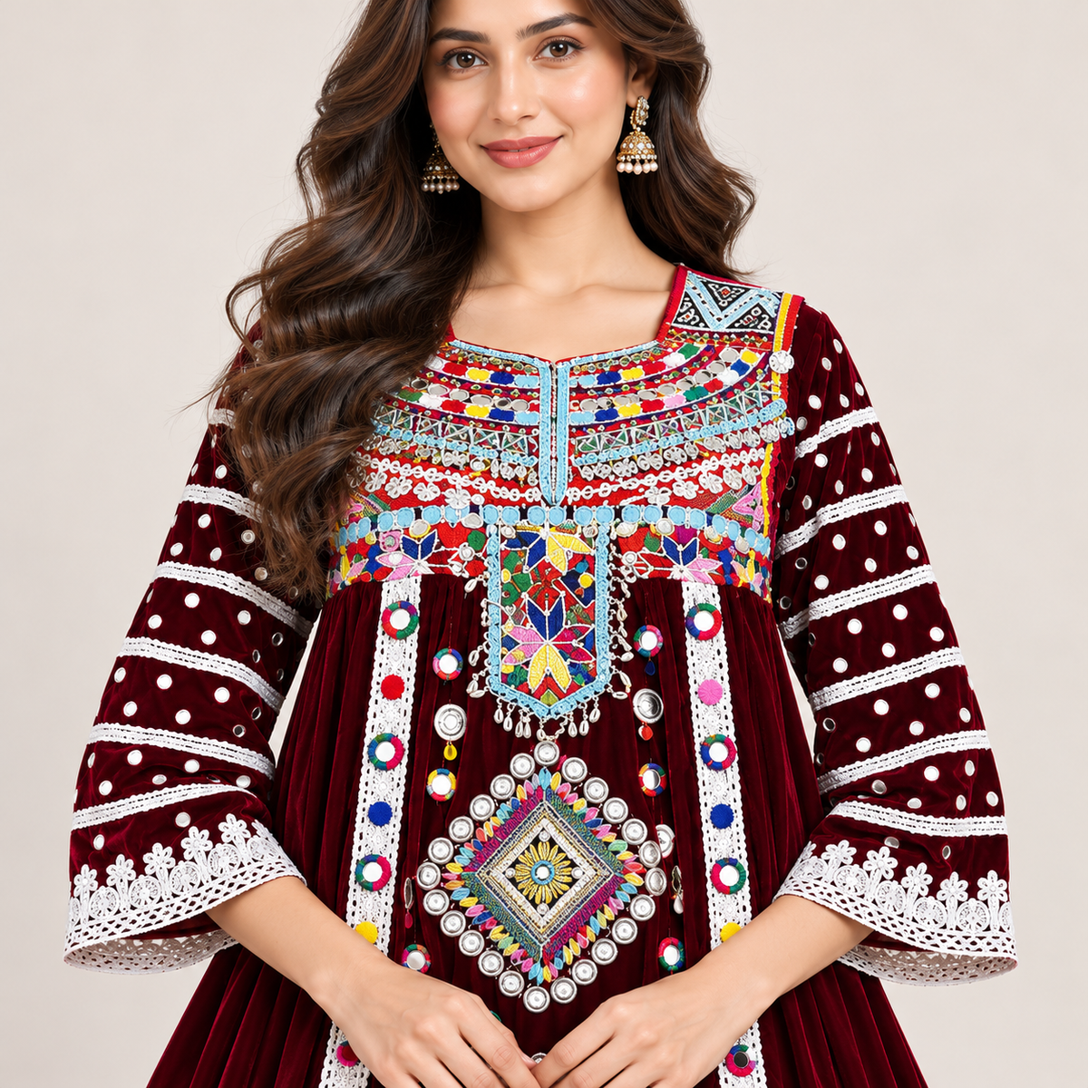 Traditional Maroon Embroidered Maxi Dress – Elegant Cultural &amp; Festive Wear