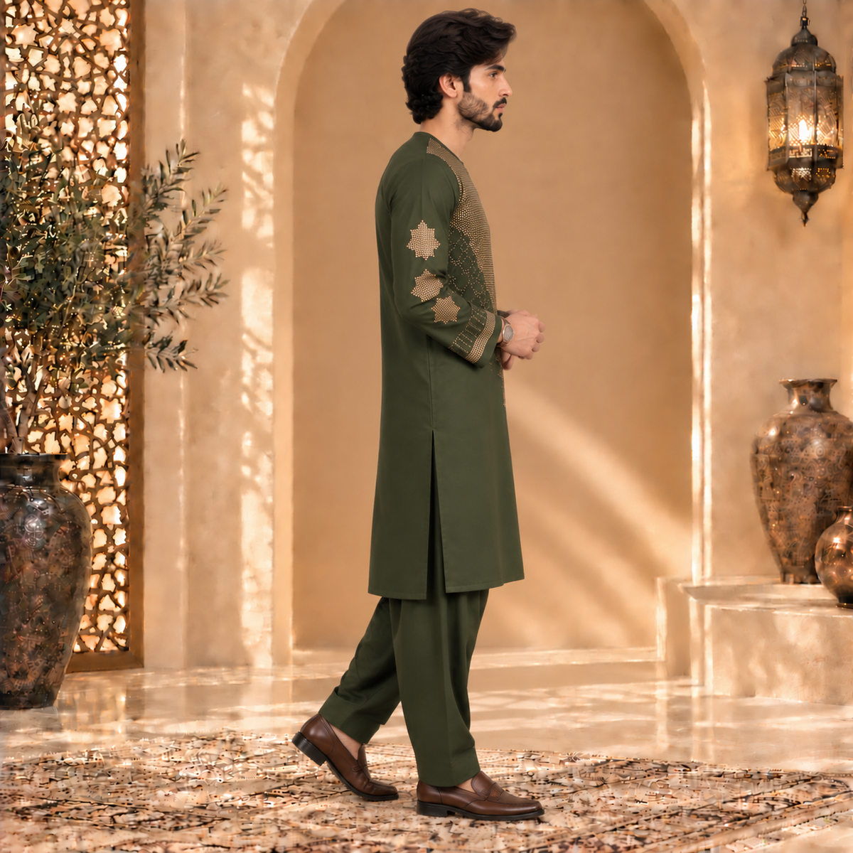 Afghan Traditional Olive Green Embroidered Kurta Shalwar – Royal Gold Heritage Wear