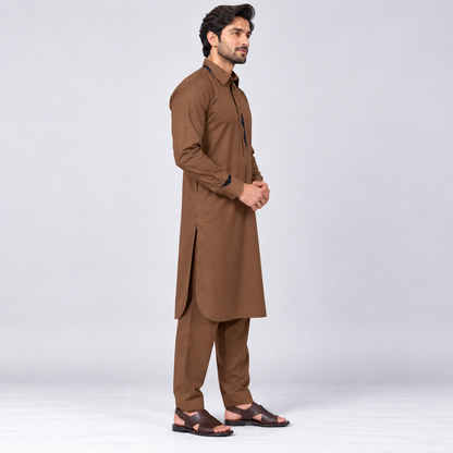 Coffee Brown Men’s Shalwar Kameez with Contrast Accents