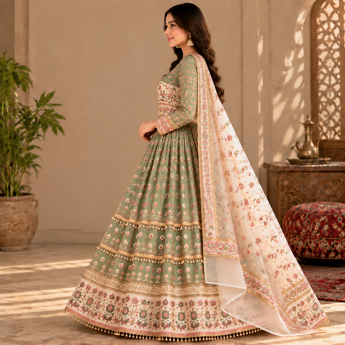 Afghan Traditional Sage Green Embroidered Dress – Elegant Floral Heritage Gown