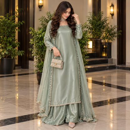 Sage Serenity – Luxury Pearl Embellished Party Wear Ensemble