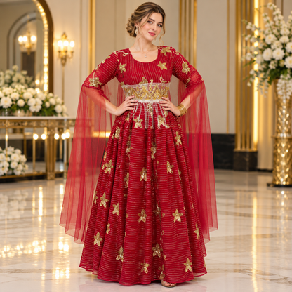 Royal Crimson Red Luxury Gold Embroidered Bridal Maxi Dress