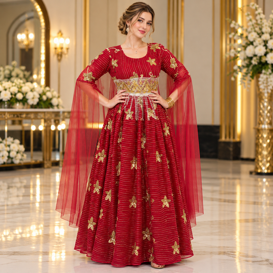 Royal Crimson Red Luxury Gold Embroidered Bridal Maxi Dress