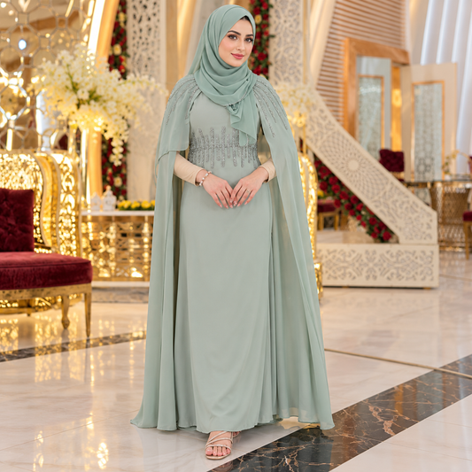 Sage Mint Green Elegant Cape Maxi Dress