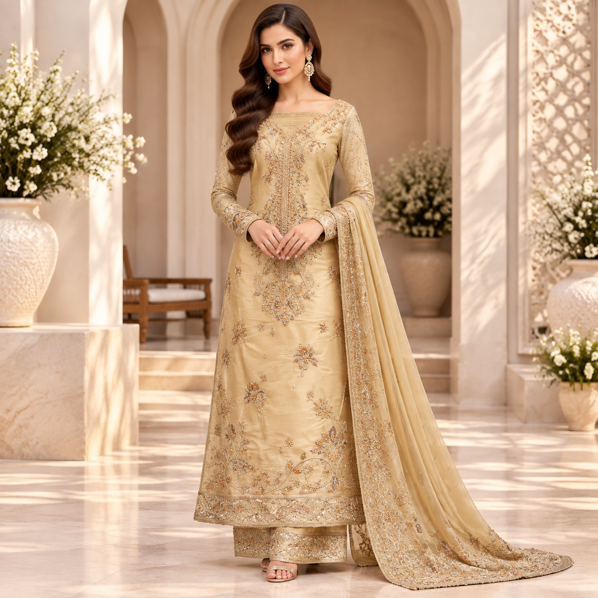 Golden Aura – Luxury Champagne Pakistani Embroidered Suit