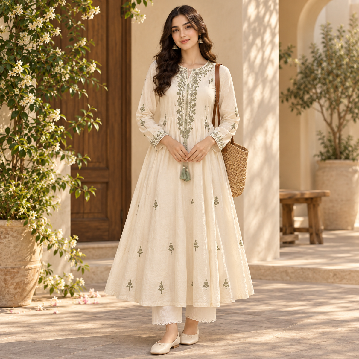 Women's Ivory Floral Embroidered Anarkali 2-Piece Suit – Olive Green