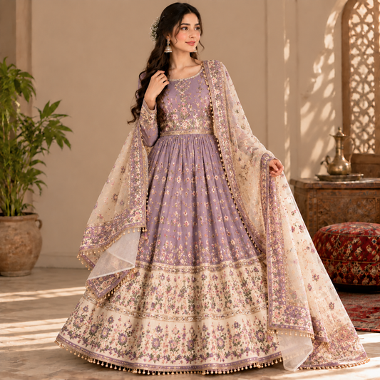 Afghan Traditional Lavender Embroidered Dress – Elegant Floral Heritage Gown