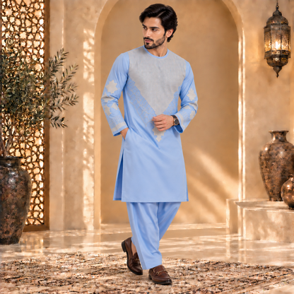 Afghan Traditional Sky Blue Embroidered Kurta Shalwar – Royal Silver Heritage Wear