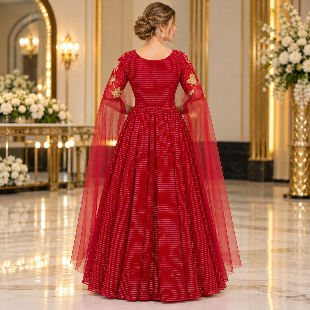 Royal Crimson Red Luxury Gold Embroidered Bridal Maxi Dress