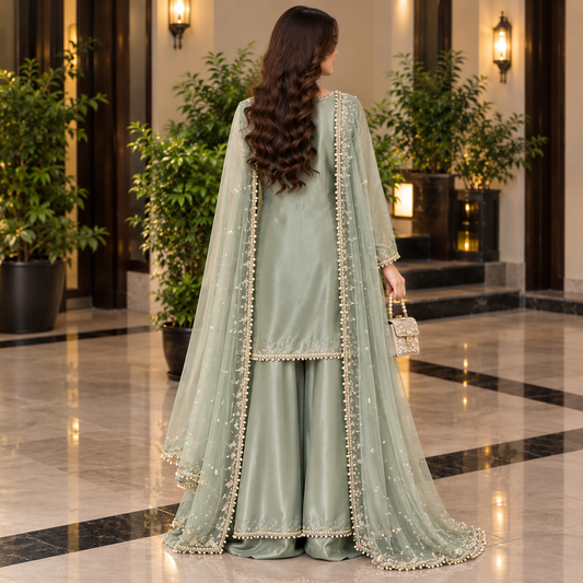 Sage Serenity – Luxury Pearl Embellished Party Wear Ensemble