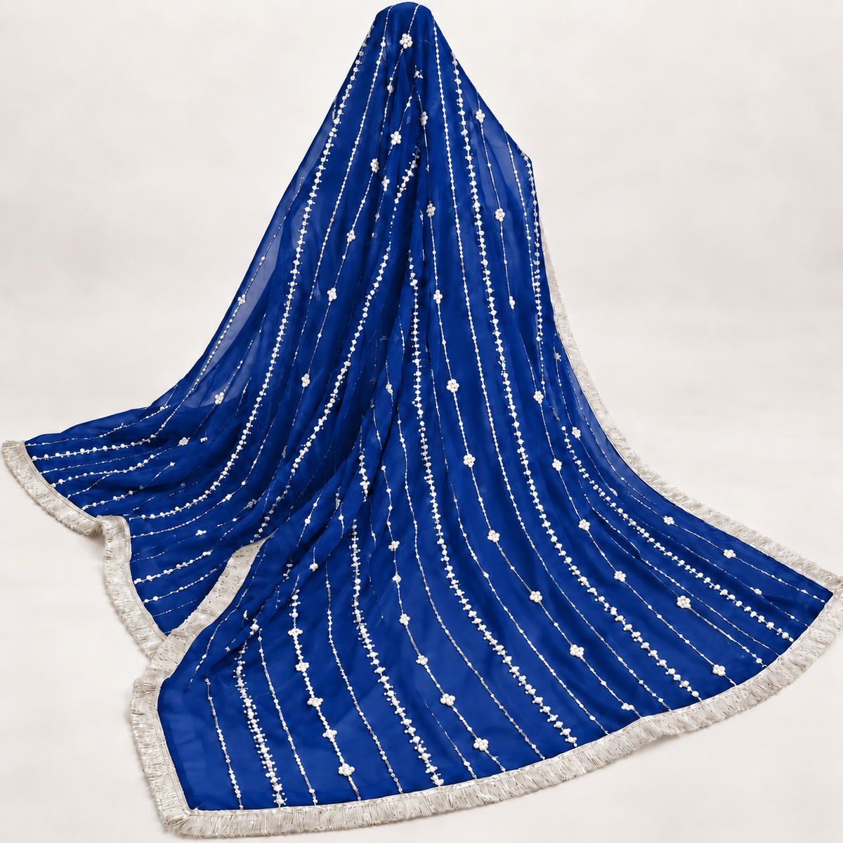 Royal Blue Silver Sequin Stripe Bridal Dupatta