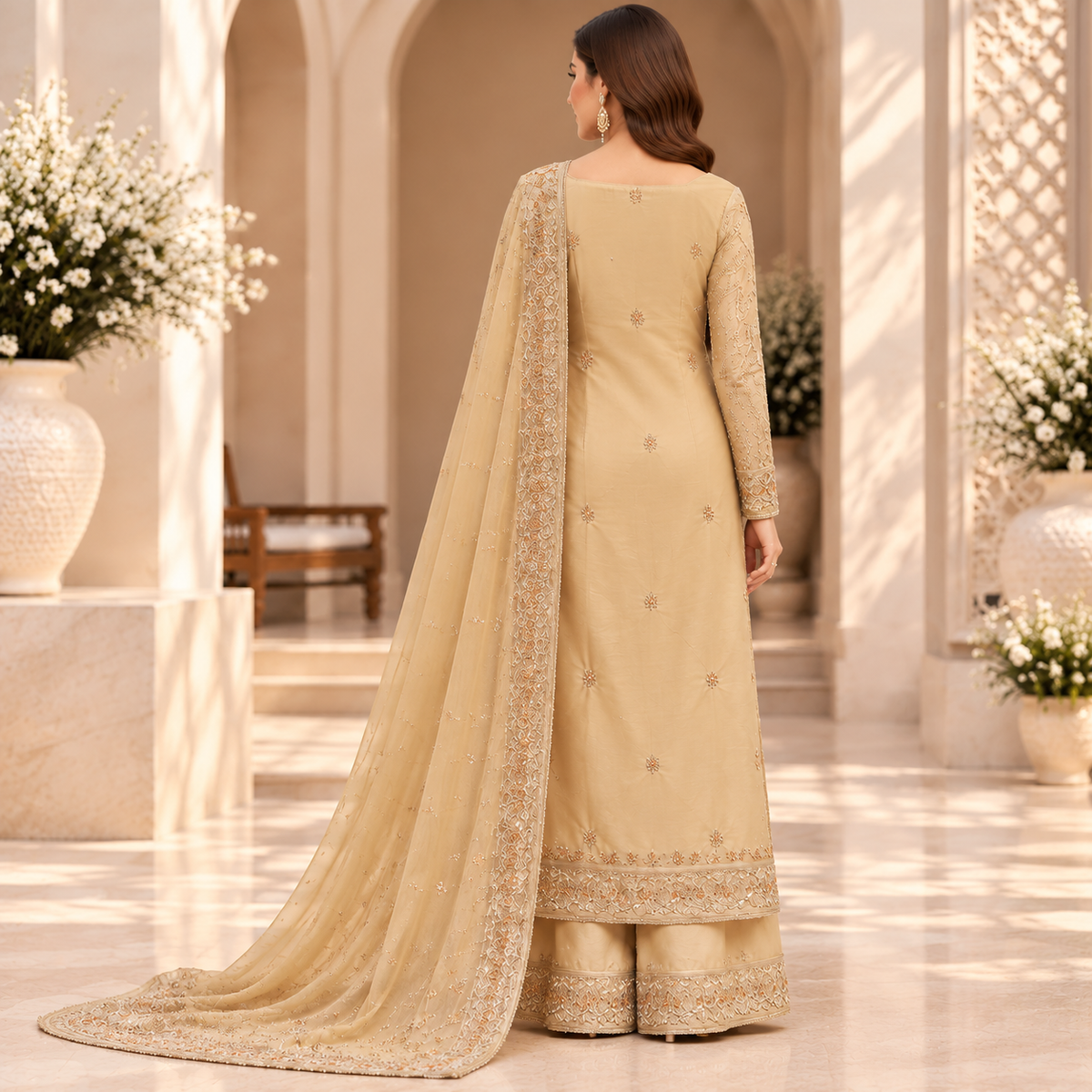 Golden Aura – Luxury Champagne Pakistani Embroidered Suit
