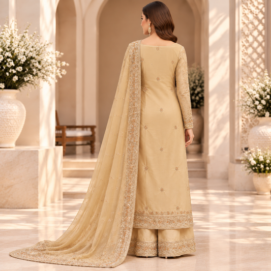 Golden Aura – Luxury Champagne Pakistani Embroidered Suit