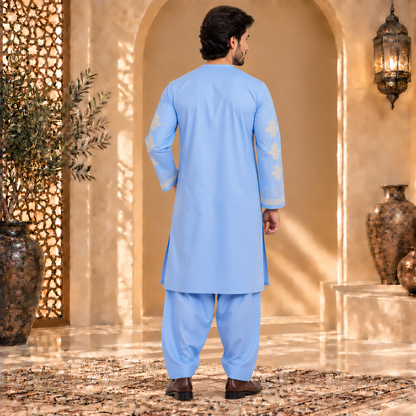 Afghan Traditional Sky Blue Embroidered Kurta Shalwar – Royal Silver Heritage Wear