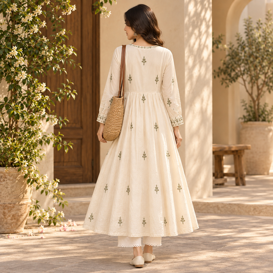 Women's Ivory Floral Embroidered Anarkali 2-Piece Suit – Olive Green
