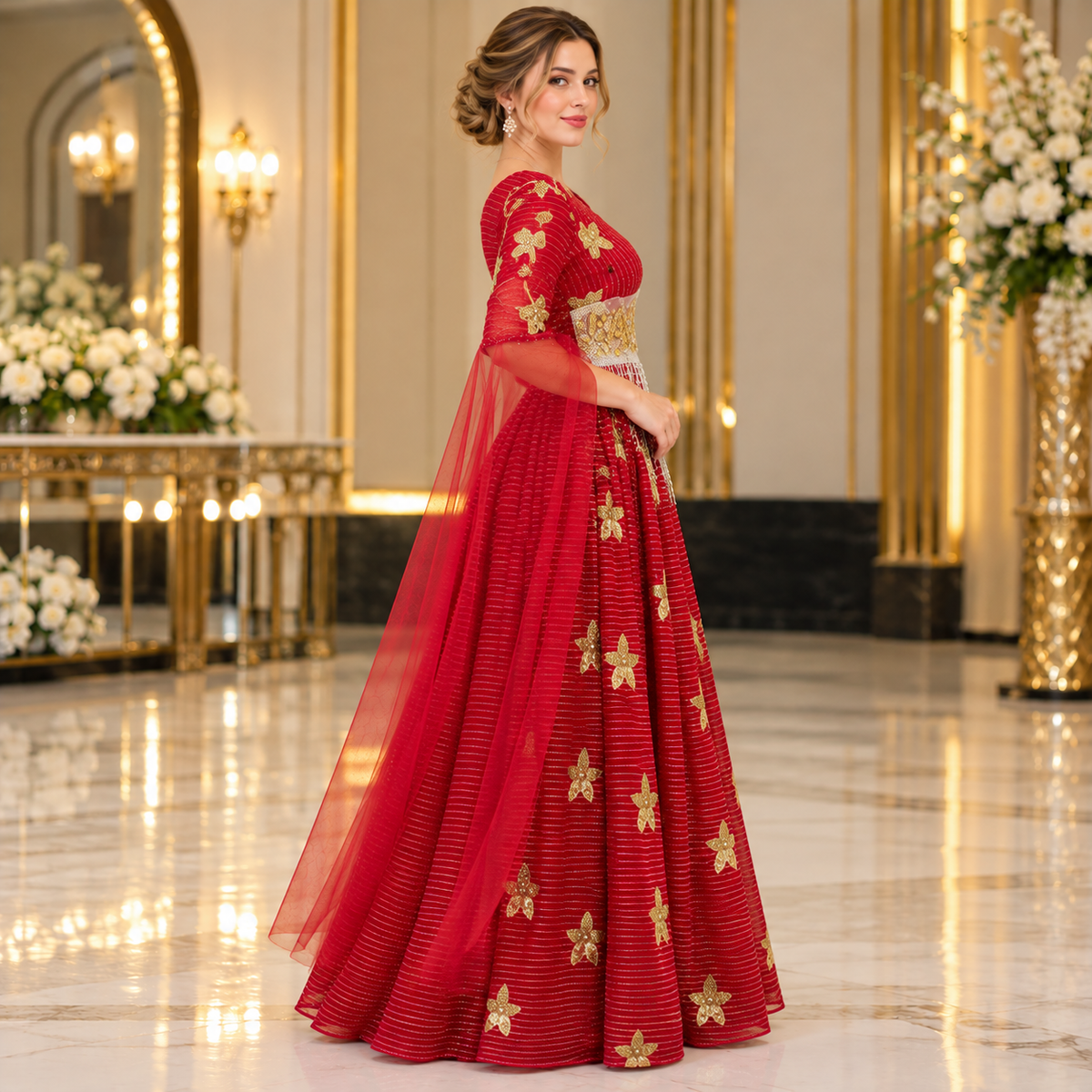 Royal Crimson Red Luxury Gold Embroidered Bridal Maxi Dress