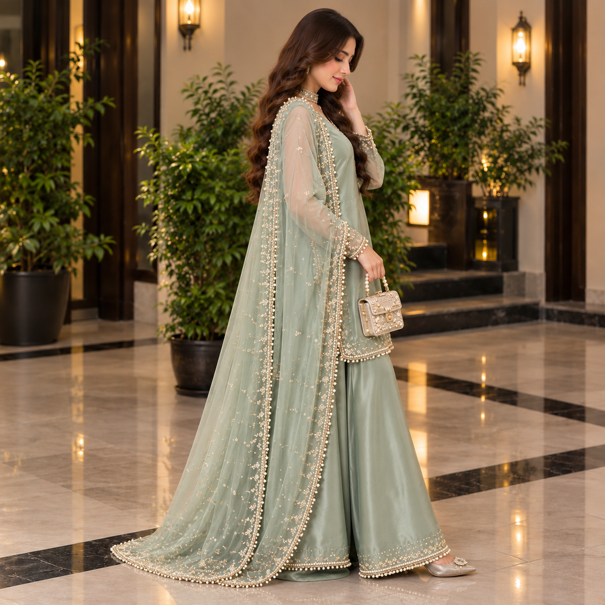 Sage Serenity – Luxury Pearl Embellished Party Wear Ensemble