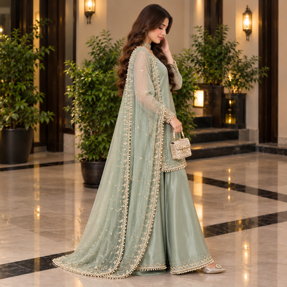 Sage Serenity – Luxury Pearl Embellished Party Wear Ensemble