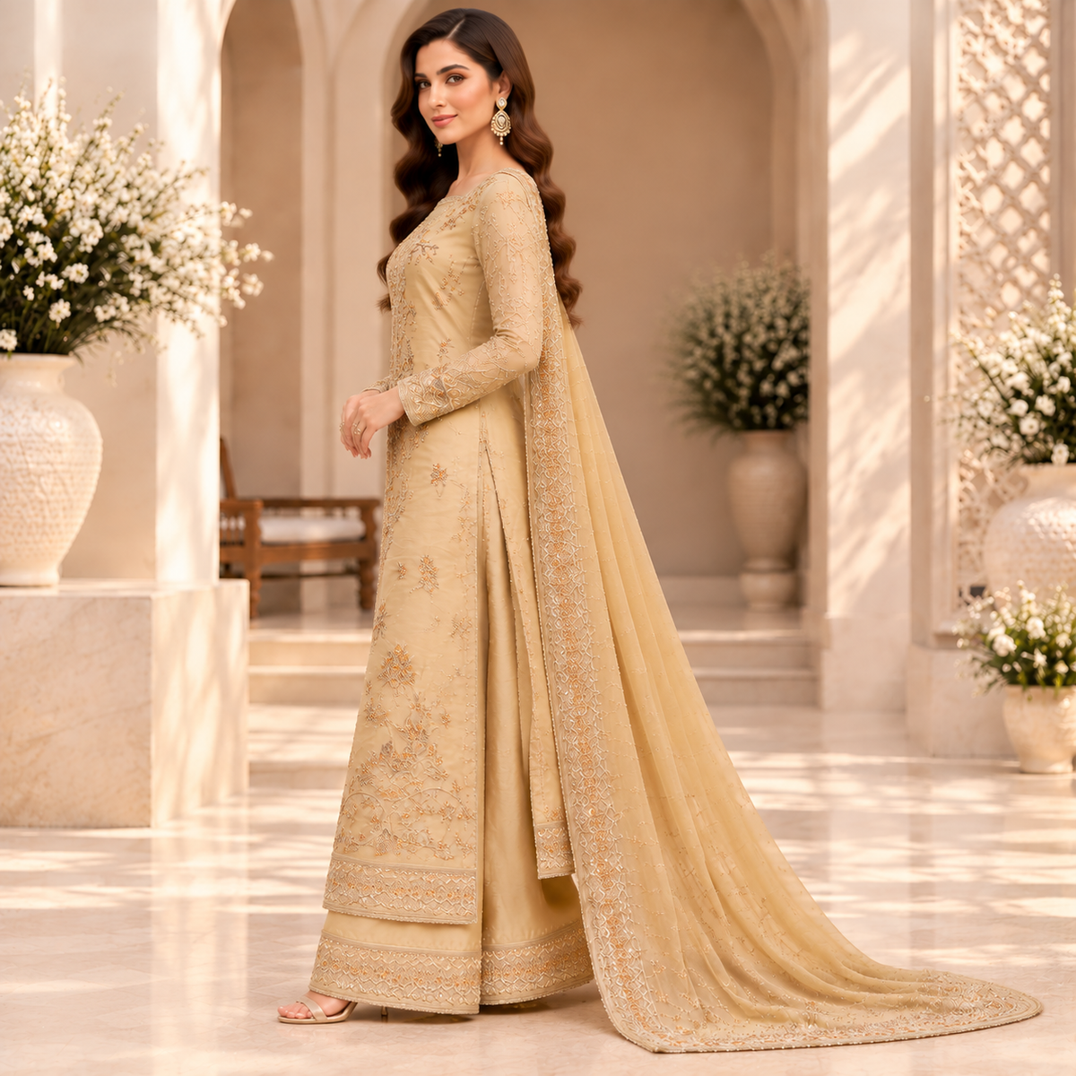 Golden Aura – Luxury Champagne Pakistani Embroidered Suit