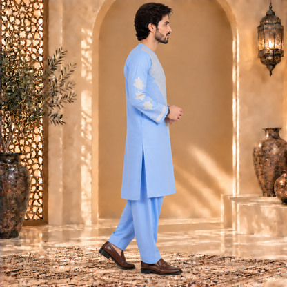 Afghan Traditional Sky Blue Embroidered Kurta Shalwar – Royal Silver Heritage Wear