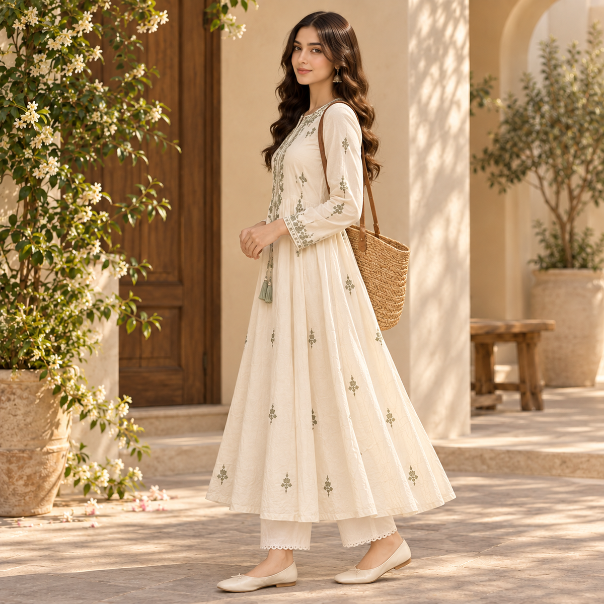 Women's Ivory Floral Embroidered Anarkali 2-Piece Suit – Olive Green