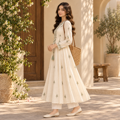 Women's Ivory Floral Embroidered Anarkali 2-Piece Suit – Olive Green